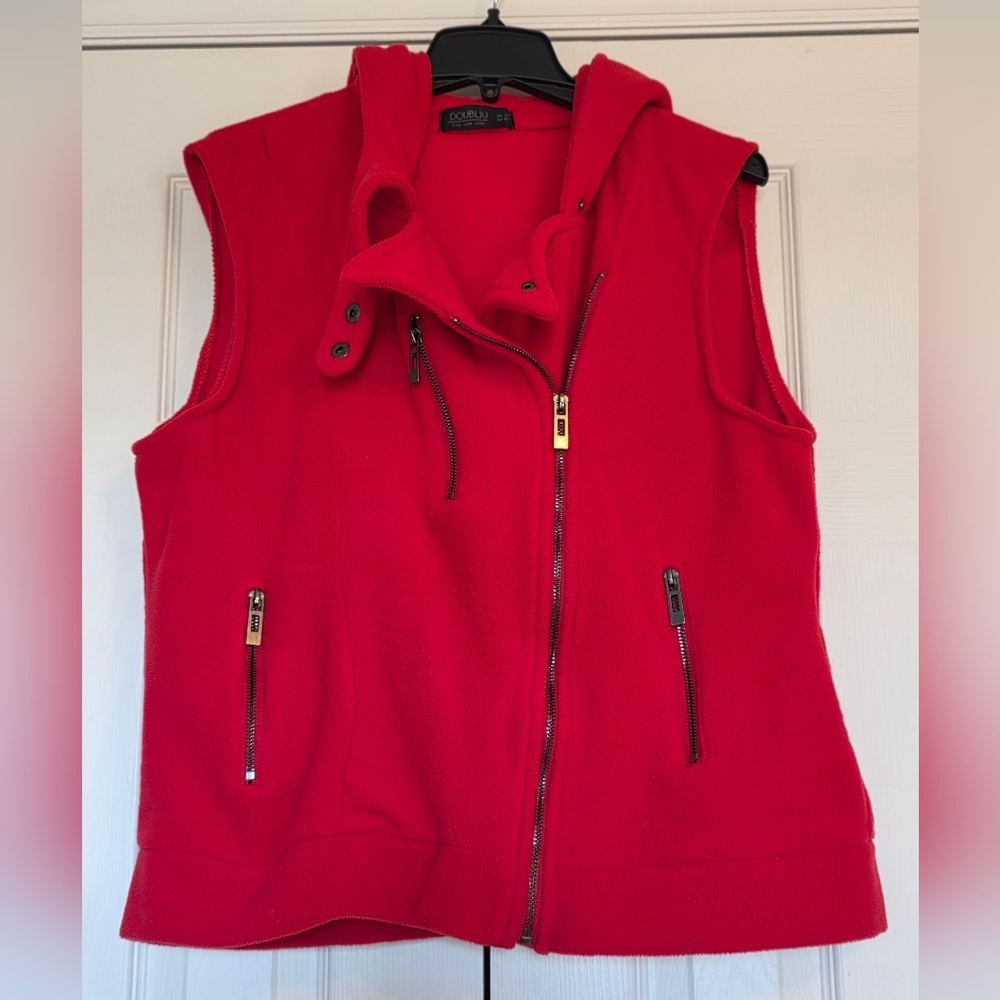 Doublju Womens Red Sleeveless, Hooded Zip-Up Fleece Vest, 1X/2X